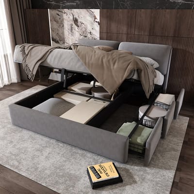 Tweepersoonsbed - 180x200 - Hydraulisch opbergbed met 3 lades en lattenbodem - fluweel - grijs - zonder matras