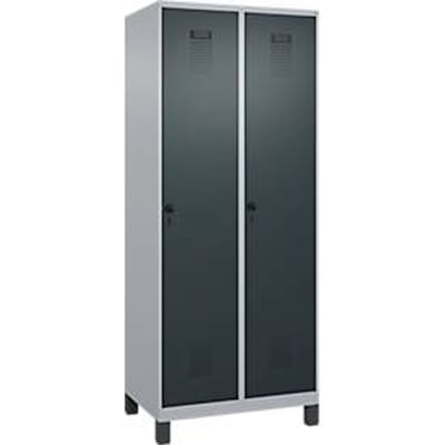 C+P Evolo Plus garderobekast, 2 vakken, 400 mm vakbreedte, met voetjes, rechts scharnierend, soft-close, inbraakwerend, B 800 x D 500 x H 1950 mm, veiligheidsslot met draaigrendel, alu wit RAL 9006/antracietgrijs RAL 7016