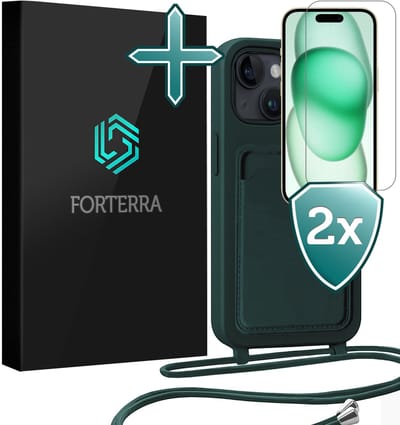 Hoesje Geschikt voor iPhone 15 Plus Pashouder Case Siliconen Hoes Met Koord Met 2x Screenprotector - Hoes Geschikt voor iPhone 15 Plus Met Telefoonkoord Hoesje Back Cover Met Pasjeshouder - Donkergroen