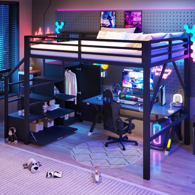 OKWISH Hoogslaper 140x200 cm - Met Ledverlichting en Kledingkast - Met Opbergruimte - Zonder Matras - Metaal - Zwart