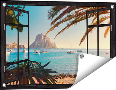 Gards Tuinposter Doorkijk Ibiza Cala d'Hort Strand - 60x40 cm - Tuindoek - Tuindecoratie - Wanddecoratie buiten - Tuinschilderij
