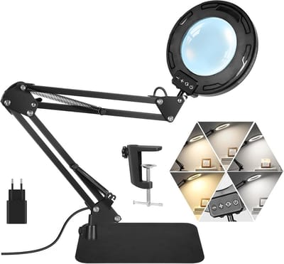 Vergrootglas met Licht en Standaard - 10x Vergroting, 5 Kleurmodi, Traploos Dimbaar, 2-in-1 Bureaulamp en Klem - Ideaal voor Handwerk en Hobby's