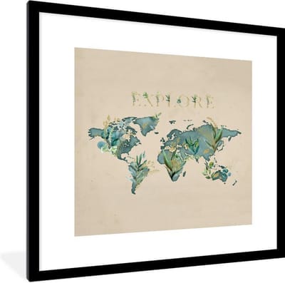 Fotolijst incl. Poster - Wereldkaart - Retro - Quote - 40x40 cm - Posterlijst