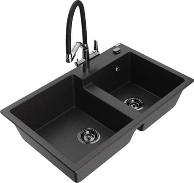 Mexen Tomas granieten spoelbak met 2 kamers en keukenkraan Duo, zwart/zilverkleurige metallic - 6516-73-671701-07-B