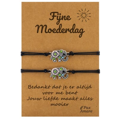 Moeder Dochter Armbandjes voor 2 "Fijne Moederdag" - Olifant - Moeder Kind Armbandjes met Cadeau Kaartje - Zwart & Zilverkleurig - Elastisch Verstelbaar - Pax Amare