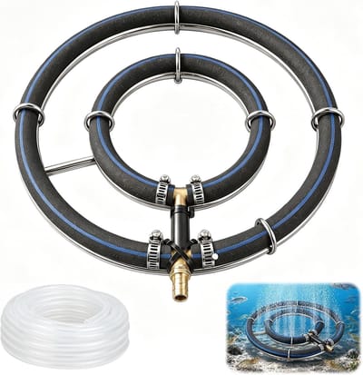 Vijverbeluchter 2-in-1 met ventilatiering, zelfzinkend ontwerp voor optimale beluchting van tuinvijver, koivijver en aquarium, inclusief 5 meter slang
