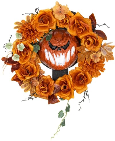 Halloween Krans- Griezelige Pompoen Design - Herfstbladeren - Licht Effecten - Kunststof - Oranje