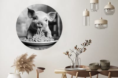 WallCircle - Wandcirkel - Muurcirkel - Varken - Schattig - Spaghetti - Zwart wit - Dier - Aluminium - Dibond - 140x140 cm - Binnen en Buiten
