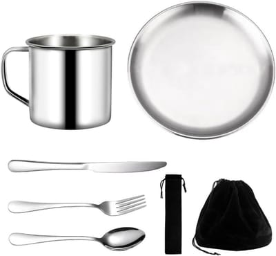 Famanu – Camping kookset, 7-delige camping bestek set voor 1 persoon met beker, bord en roestvrij staal bestek, inclusief zwarte tas