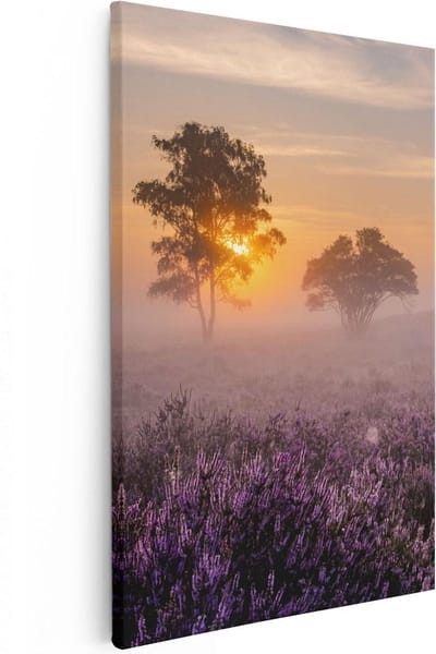 Artaza Canvas Schilderij Zonsondergang - 20x30 cm - Klein - Wanddecoratie Heide - Muurdecoratie Landschap - Kamer Accessoires Bomen Mist