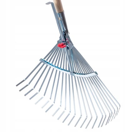 KADAX Hark van staal, hark met lange steel van hout, verstelbare draadhark, bladhark met brede kop, grashark, bladhark (band, zilver)