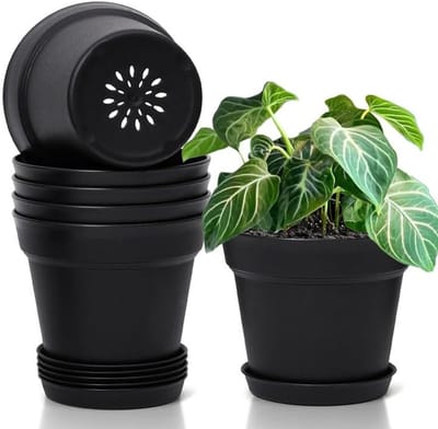 Famanu - Set van 6 kunststof bloempotten met onderzetter 19 cm zwart