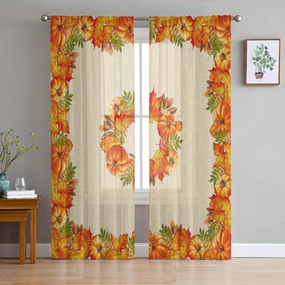 Thanksgiving Herfst Pompoen Esdoornblad Transparante Gordijnen Voor Woonkamer Slaapkamer Huisdecoratie Keuken Tule Voor Ramen Voile Gordijnen 135W x 114H(cm) orange