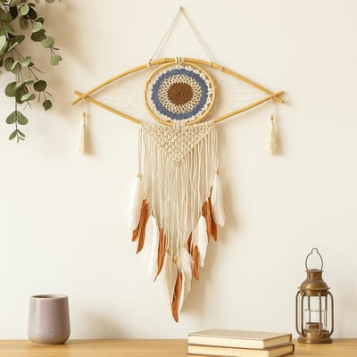 Bescherming Dromenvanger - Grote Macramé Oog Wit/Grijs/Bruin
