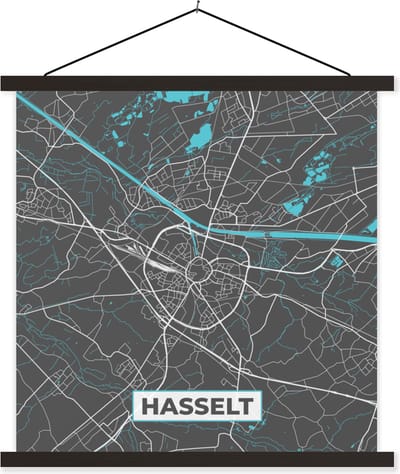 Posterhanger incl. Poster 60x60 cm - Schoolplaat - Kaart – Plattegrond – Stadskaart – Hasselt – België - Grijs - Textielposter - Zwarte latten - Stadskaart