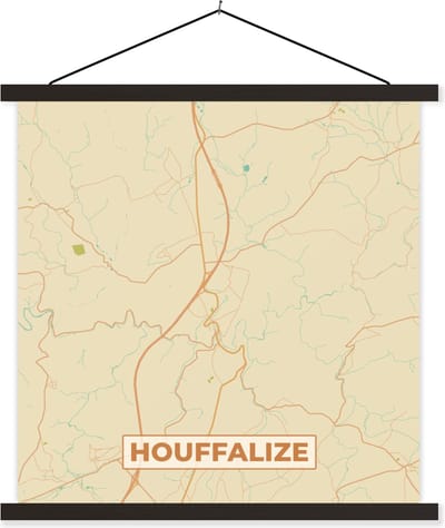 Posterhanger incl. Poster 60x60 cm - Schoolplaat - Houffalize - Plattegrond- Vintage - Stadskaart - Kaart - Textielposter - Zwarte latten - Stadskaart