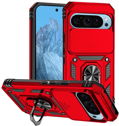 Coverup Hoesje - Geschikt voor Google Pixel 10 / 10 Pro / 9 / 9 Pro Hoesje - Coverup Armor Ring Kickstand Back Cover met Camera Shield - Rood