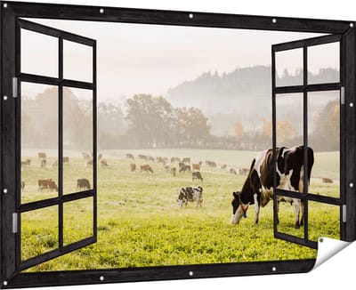 Gards Tuinposter Doorkijk Zwart Witte Koeien in de Wei - 180x120 cm - Tuindoek - Tuindecoratie - Wanddecoratie buiten - Tuinschilderij