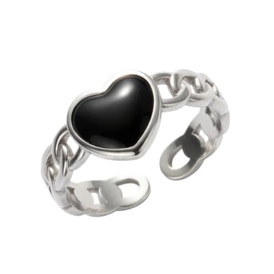 Aramat Jewels | Ringen | Verstelbare RVS Ring met Zwart Emaille Hartje - Zilverkleur (8 mm) | | | |8mm | Staal | Volwassenen | Verkleurd niet