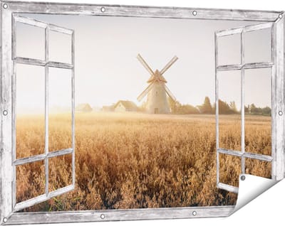 Gards Tuinposter Doorkijk Windmolen in het Veld - 120x80 cm - Tuindoek - Tuindecoratie - Wanddecoratie buiten - Tuinschilderij