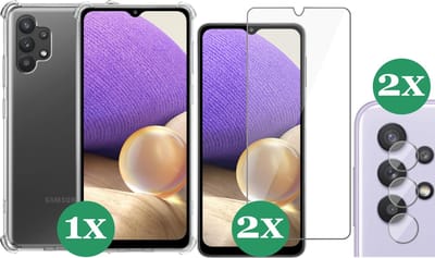 Hoesje geschikt voor Samsung Galaxy A32 5G - 2x Screenprotector Glas & 2x Camera Screen Protector - Transparant Shock Case