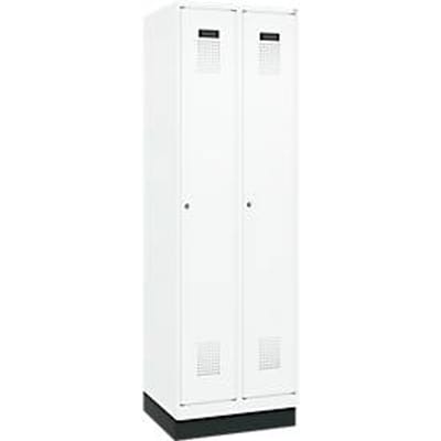 C+P Evolo Plus kledingkast, 2 vakken, 300 mm vakbreedte, met plint, rechts scharnierend, cilinderslot, soft-close, inbraakwerend, B 600 x D 500 x H 1950 mm, verkeerswit RAL 9016/ verkeerswit RAL 9016