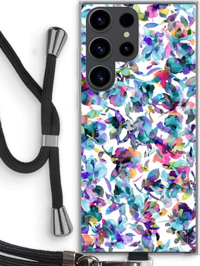 Hoesje met koord geschikt voor Samsung Galaxy S23 Ultra hoesje met Koord - Hibiscus Flowers - Telefoonhoesje met Zwart Koord - Bescherming aan alle Kanten en Over de Schermrand