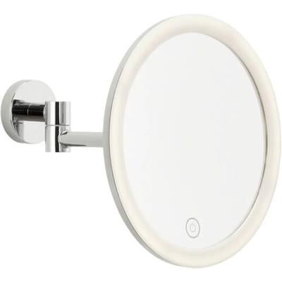 tesa VISIOON LED Make-upspiegel - Draadloze Badkamerspiegel met Dimbare Verlichting - Touchbediening, Ingebouwde Oplaadbare Batterij, 5x Vergroting, Zwenkarm - Montage zonder Boren - 18 cm - Chroom