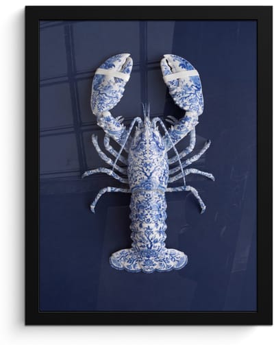 Poster in lijst - Fotolijst 30x40 cm - Posters - Kreeft - Porselein - Delfts - Blauw - Posterlijst zwart - Decoratie - Wanddecoratie woonkamer - Muurdecoratie slaapkamer