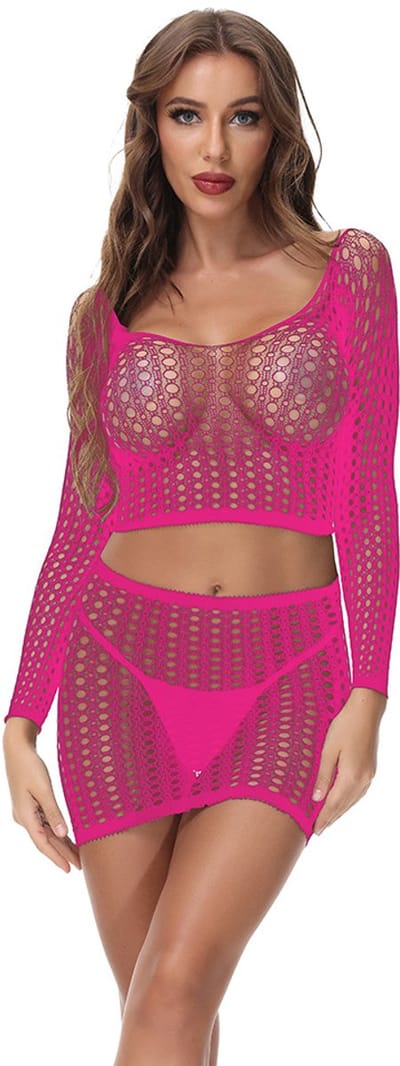 Erotisch Kanten Jurkje met Grote Fishnet Gaten – Sexy Lingerieset met Lange Mouwen – One Size – Babydoll Lingerie – Neon Roze – Verleidelijke Look