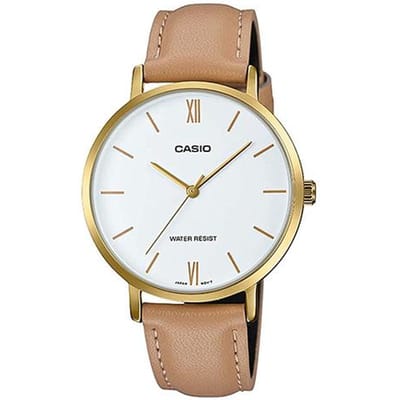 Casio STANDARD Serie Eenvoudige Zakelijke Riem Mode Kwarts Uurwerk Leren Band Japans en Koreaans Horloge Dameshorloge Witte Wijzerplaat LTP-VT01GL-7B wit