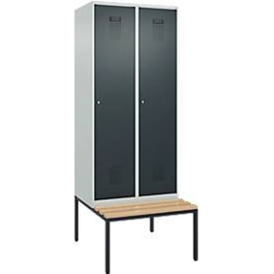 C+P Evolo Plus garderobekast, 2 vakken, 400 mm vakbreedte, met bank eronder, B 800 x D 815 x H 2120 mm, cilinder, lichtgrijs/antracietgrijs