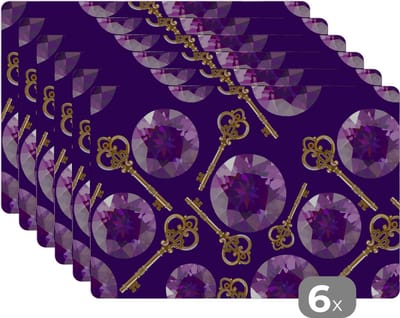Placemat - Placemats kunststof - Edelsteen - Patronen - Goud - Sleutel - 45x30 cm - 6 stuks - Hittebestendig - Anti-Slip - Onderlegger - Afneembaar