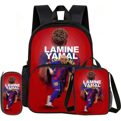 Leer, Reis Voetbalster Schooltas L-Lamin Yamal 3 Delige set met Voorvak Rugzak Lunchtas, Etui, Sport Rugzak