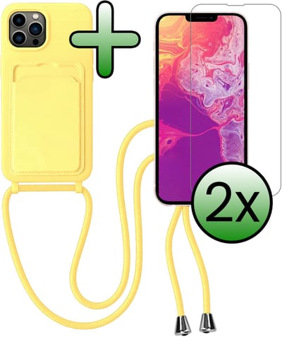 Hoes Geschikt voor iPhone 13 Pro Hoesje Pas Houder Case Hoes Met Koord Met 2x Screenprotector - Hoesje Geschikt voor iPhone 13 Pro Hoes Met Telefoonkoord Pasjeshouder Cover - Geel