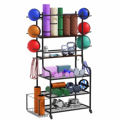 unho Organisator voor sportuitrusting, metalen balopbergrek met wielen, yogamathouder, verstelbare planken, mand en haken, extra grote golftashouder