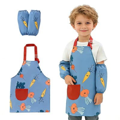 Verstelbare waterdichte kinderschort en mouwset - Keukenschort voor kinderen met zakken - Geschikt voor jongens en meisjes voor koken, bakken, schilderen, tuinieren en andere activiteiten op school (<=110 cm)