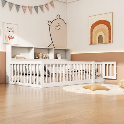 MEUNIQ Bedbank 90x200 cm met lattenbodem, opbergvakken en uitvalbeveiliging, eenpersoons daybed voor kinderkamer of slaapkamer, wit