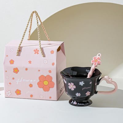 Chique Look Kersenbloesem Kelk Souvenir Keramische Meisje Kantoor Drinkwaterbeker Ontbijtbeker Elegante Beker 301-400ml