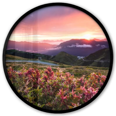 Poster in lijst Rond - Fotolijst 40x40 cm - Posters - Bloemen - Bergen - Landschap - Nacht - Lucht - Roze - Ronde posterlijst zwart - Decoratie - Wanddecoratie woonkamer - Muurdecoratie slaapkamer