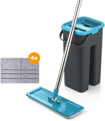Happyment® Zelfreinigende dweil - Mop met Emmer - Dweilsysteem wringer - Vloerwisser - Dweilset - 4 Dweilen -Black friday - Kerstcadeau