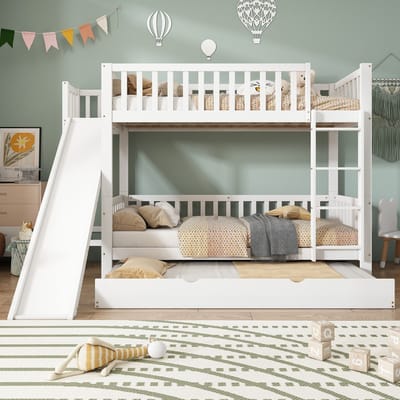 Sweiko Stapelbed met Extra bed, Kinderbed, met Valbeschermingsrooster, met Glijbaan, met 4-Traps Rechte Ladder, Dennen en MDF, Wit, 90x200/190cm