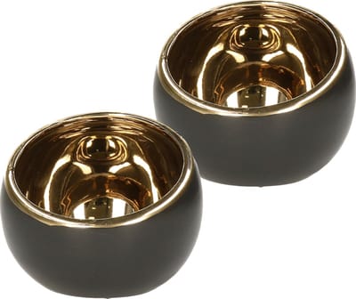 Countryfield Luxe theelichthouder - 2x - Veneta - keramiek - zwart/goud - D15 x H13.5 cm