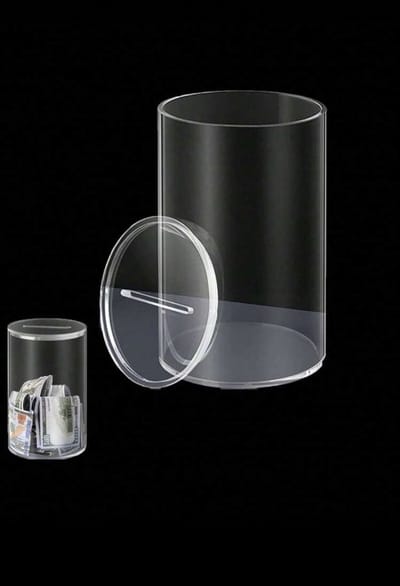 Spaarpot van helder acryl - 7,9 x 7,9 x 13 cm - Geschikt voor volwassenen en kinderen (paars)
