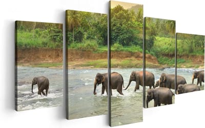 Artaza Canvas Schilderij Vijfluik Kudde Olifanten In Het Water - 100x50 cm - Wanddecoratie Woonkamer - Schilderijen - Muurdecoratie