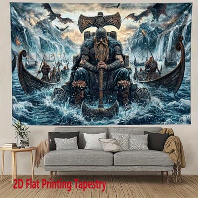 Vikingkrijger Wandkleed Muurkunst Noordse Mythologie Decor Viking Schip Slagtafereel Huisdecoratie Woonkamer Wandophanging 70x100CM gray