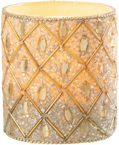 J-Line theelichthouder - glas/kralen - wit/goud - large