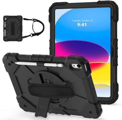 Tablethoes geschikt voor iPad (2025) / 10.9 (2022) / Air (2022/2020) Hoesje - Heavy Duty Case met Schouderstrap - Zwart
