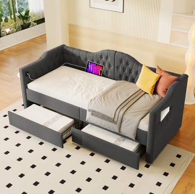 MEUNIQ slaapbank 90x200 cm met 2 lades, USB en Type-C, gestoffeerd daybed bedframe voor slaapkamer of logeerkamer, grijs, zonder matras
