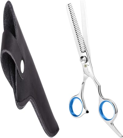 Professor Q – Professionele Effileerschaar / Uitdunschaar – RVS – Blauw – Voor Kappers & Thuisgebruik – Inclusief Luxe Lederen Etui – 16,5 cm